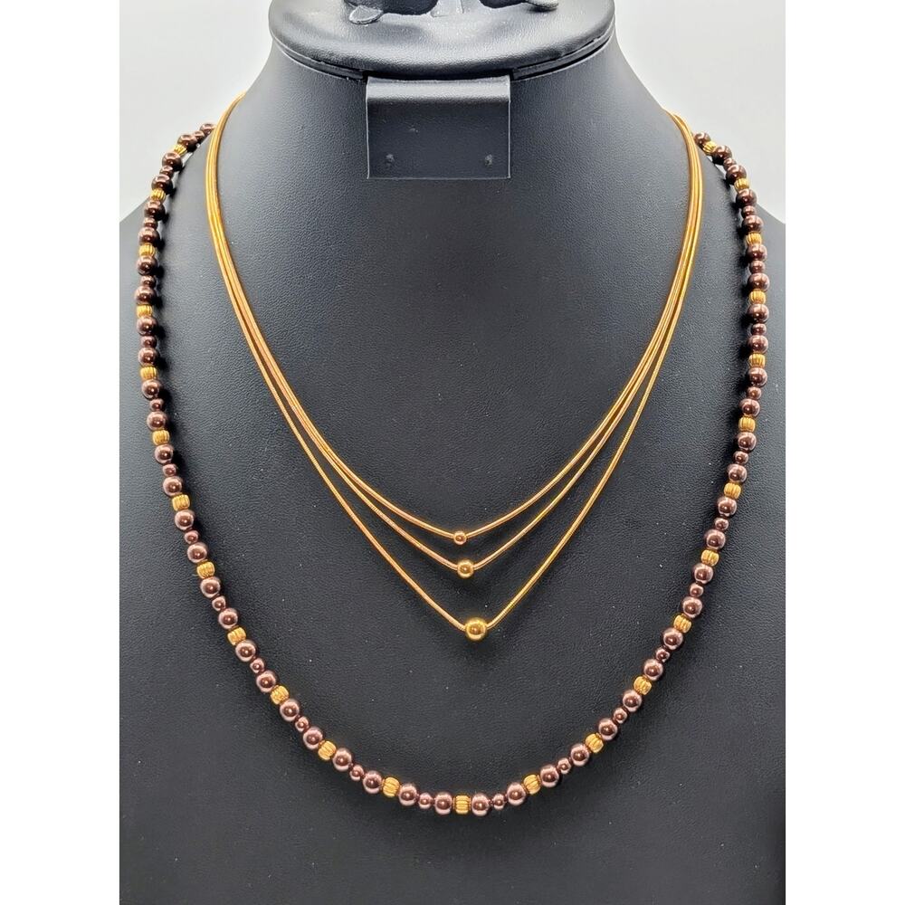 Two Gold Tone Beaded Necklaces--1 Triple Strand Ball Bead & 1 Copper Glass Bead